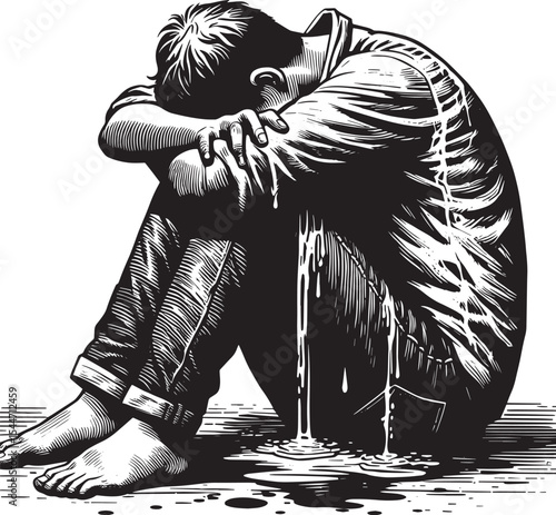 Distressed man curled in anguish, sobbing, leaving a visible pud