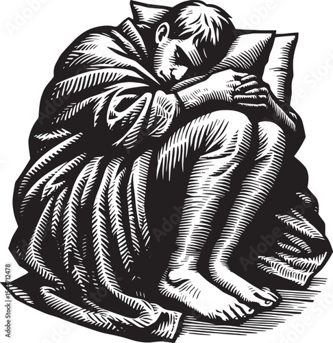 Monochrome Woodcut Illustration of a Man Embracing a Pillow in S