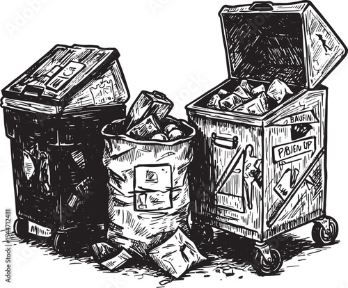Illustration of Trash Bins, Bag, and Garbage, Emphasizing Waste