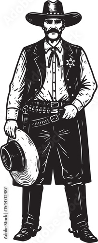 Illustration of a vintage cowboy sheriff in western attire, hold