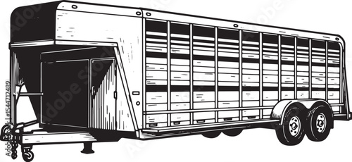 Black and White Illustration of a Livestock Trailer on a White B
