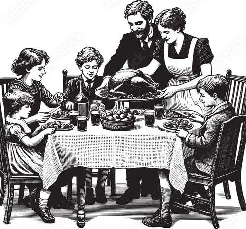 Nostalgic family gathering illustration, vintage woodcut style,