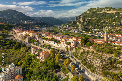 Aerial view of the Ventimiglia resort town, Liguria, northern Italy.