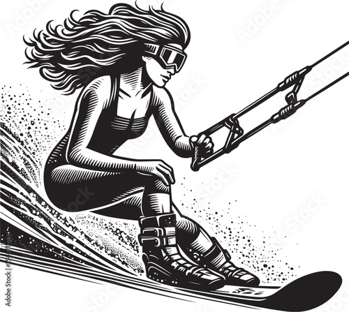Monochrome Waterskiing Adventure: A Clean Woodcut Depiction of F
