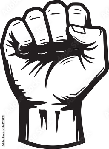 A black and white illustration of a clenched fist, symbol of pow