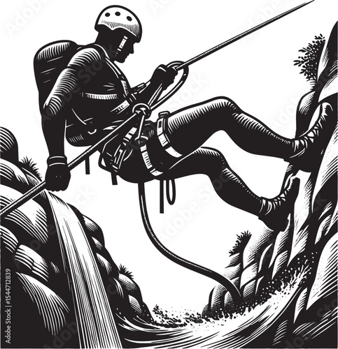 Monochrome woodcut illustration of a canyoneering athlete rappel