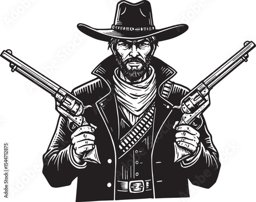 Vintage Cowboy with Revolvers in a Detailed Black and White Illu