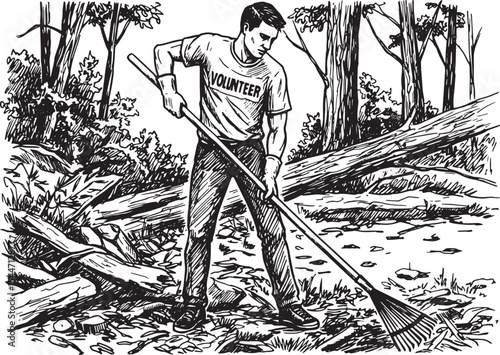Volunteer cleaning the environment using a rake in a black and w