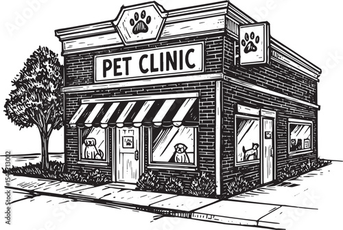 Black and white illustration of a pet clinic building with paw p
