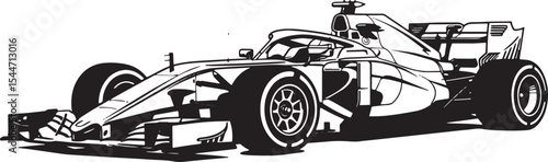 Monochrome Illustration of a Formula 1 Race Car on a White Backg