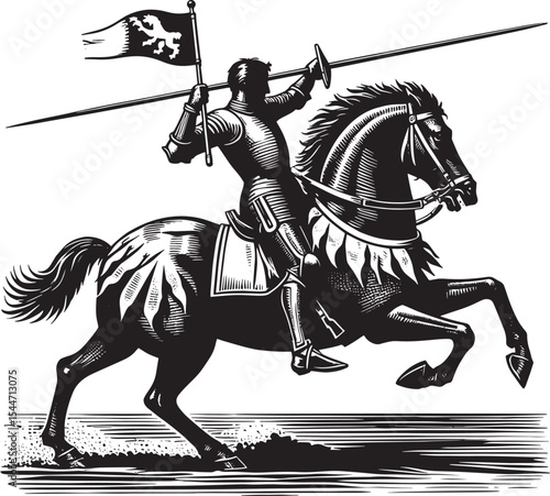 Monochrome Illustration of a Knight Charging on Horseback in Jou