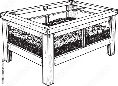 Illustration of a worm composting bin made of wood, ideal for ga