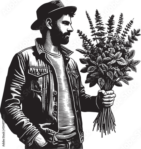 Artistic portrayal of a man showcasing a bountiful bunch of fres