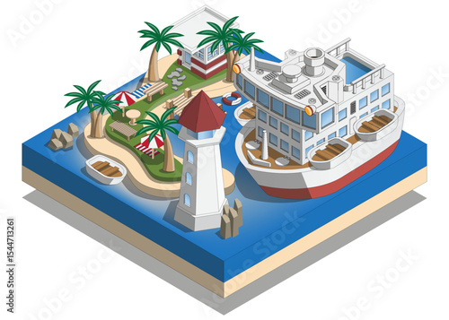 Cruise liner on the coast. Isometric. Isolated on white background. Vector illustration.