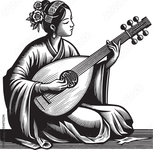 Serene Musician: Black and White Woodcut Illustration of a Woman