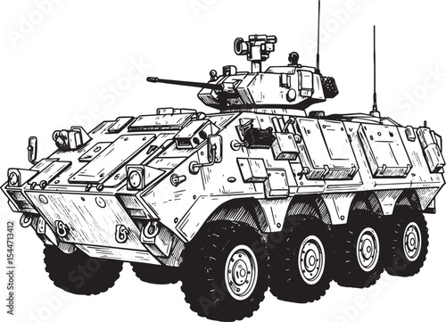 Detailed Black and White Line Art Illustration of a Modern Armor