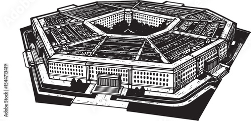 Line drawing of the Pentagon building in black and white, archit