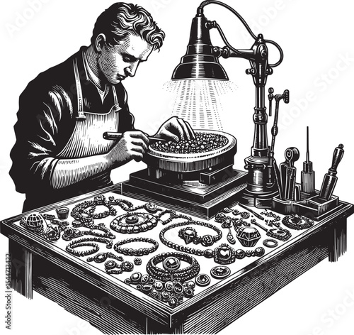 A craftsman meticulously sets gemstones into intricate silver je