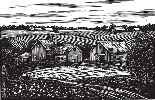 Black and White Woodcut Farm Landscape with Fields and Rural Bui