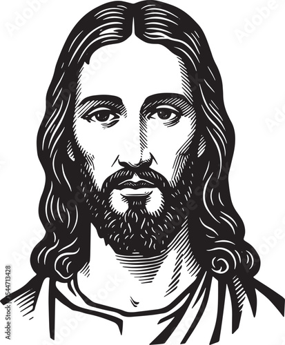 Black and White Portrait of Jesus Christ in a Religious and Symb