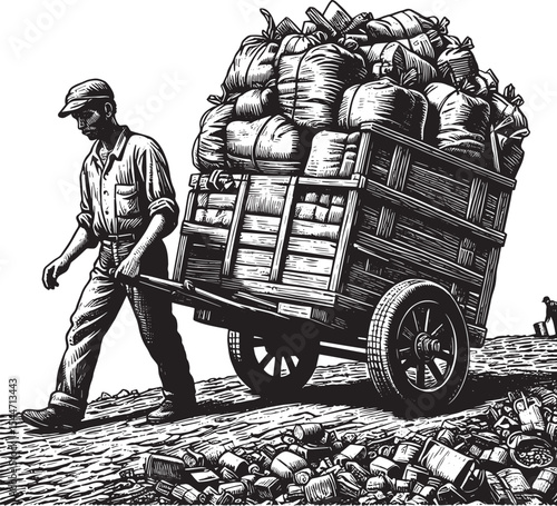 A man labors pulling an overloaded cart up a steep hill in monoc