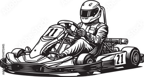 Illustration of a go-kart racer in action, black and white desig