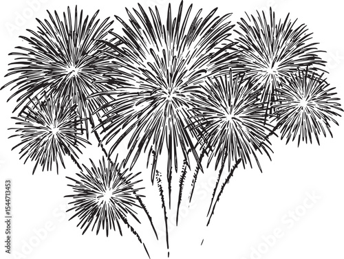 Hand-drawn Fireworks Illustration in Black and White, Suitable f
