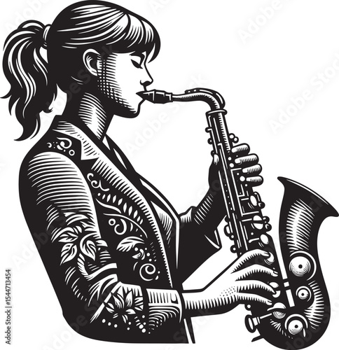 Vintage inspired engraving of woman playing saxophone, musical a