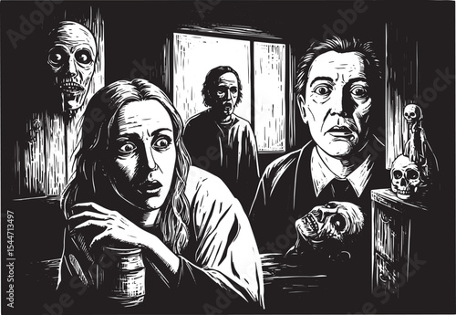 Horror Illustration Depicting a Scene of Fear and Dread in a Dar