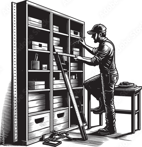 Craftsman building shelves using ruler in black and white woodcu