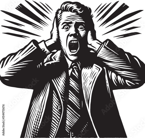 Distressed man covering ears amid noise disturbance in monochrom