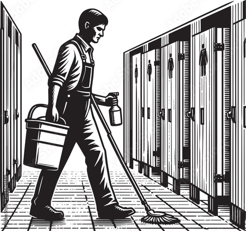 Maintaining Hygiene: A worker sanitizing a public restroom with