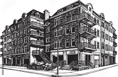 Detailed Architectural Illustration of a Multi-Story Building at