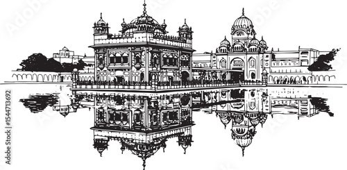 Black and white illustration of the Golden Temple reflected in t