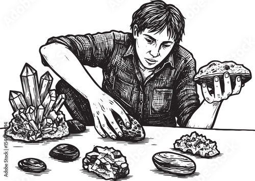 Man Examining Crystals and Stones: A Black and White Illustratio