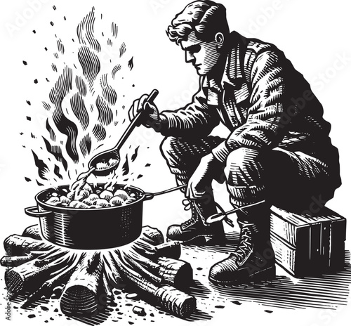 Monochrome illustration of a man cooking over an open campfire i