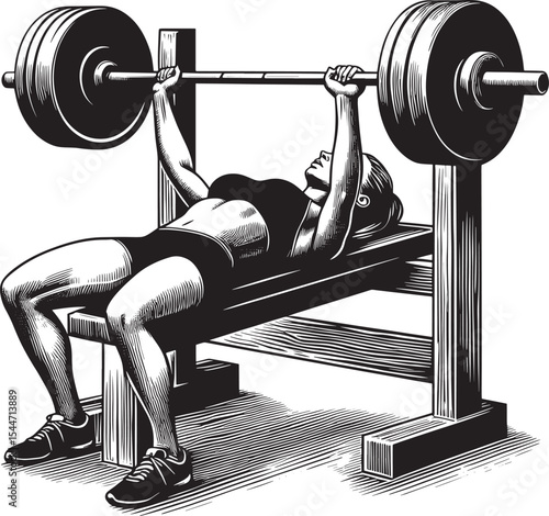 Strong Woman Bench Pressing Weight in Woodcut Style Illustration