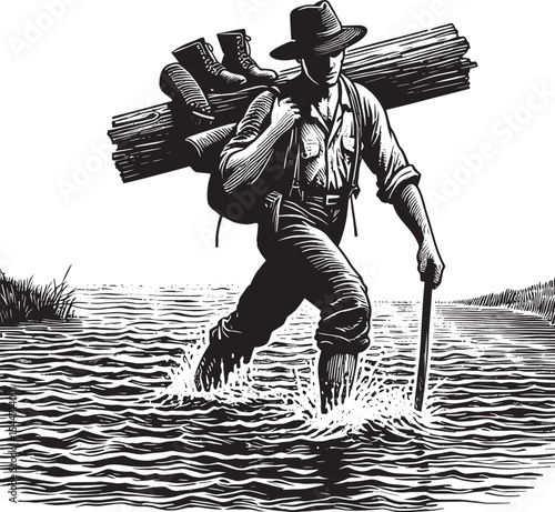 Vintage monochrome illustration of a traveler crossing river wit