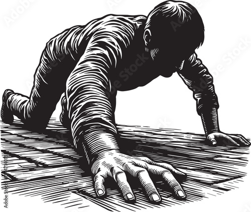 Desperate escape illustration, man crawls forward in monochrome