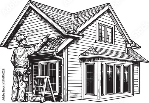 Illustration of a House Painter Working on a House Exterior with