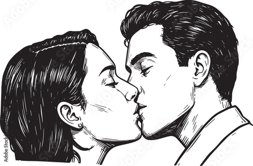 Intimate Kiss: A Detailed Black and White Illustration of Romant