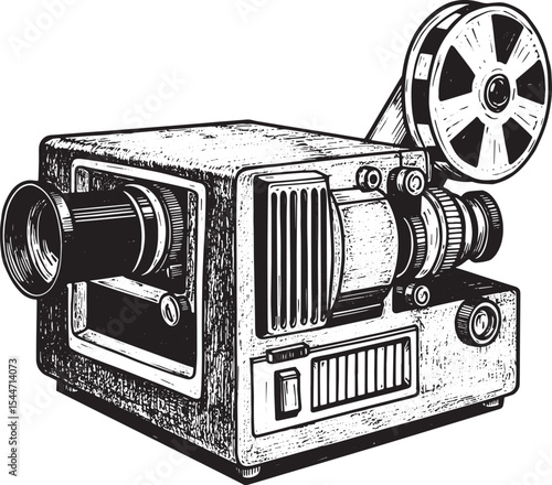 Detailed black and white illustration of an old film projector o