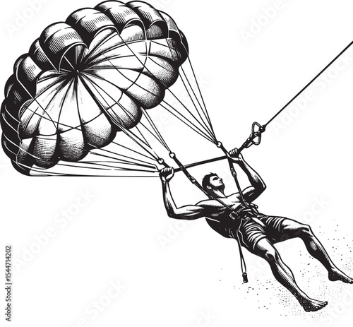 Dynamic woodcut illustration of a parasailing athlete in stark b