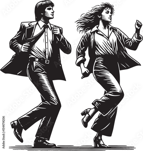 Monochrome retro style couple moonwalking in 80s fashion, a danc