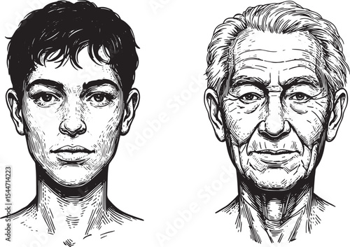 Illustration of Aging Process: Young and Old Portraits in Detail