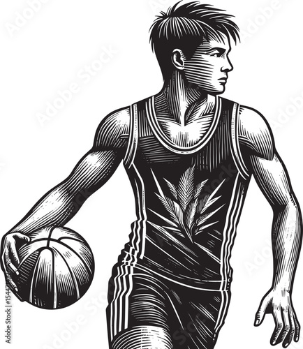 Monochrome woodcut illustration showcasing a determined male bas