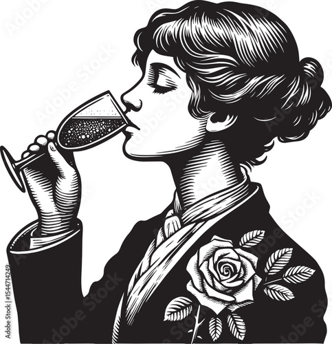 Elegant woodcut illustration of a person enjoying sparkling ros