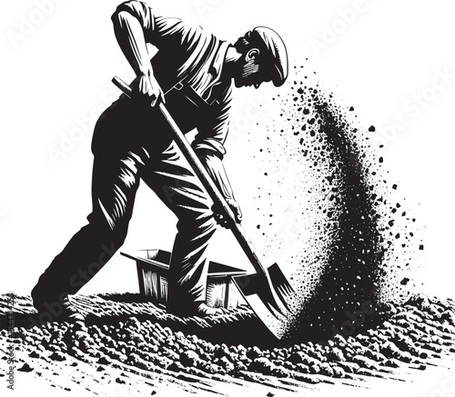 Monochrome Depiction of a Man Digging with Shovel, Earth Eruptin
