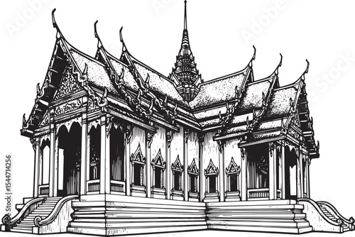 Detailed Black and White Illustration of a Traditional Thai Temp