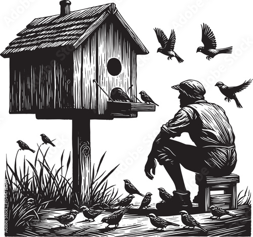 Woodcut Illustration: A Man Watching Sparrows at a Birdhouse in